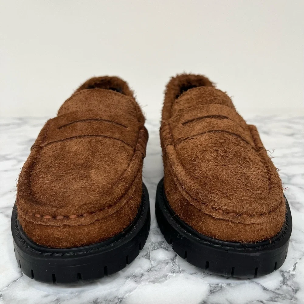 Maeve Brown Lug Suede Loafers Textured Raw Leather Natural Furry Penny Chunky 38